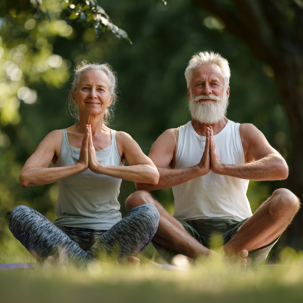 Mosolygó középkorú magyar nő jóga pózban természetes környezetben, kiegyensúlyozott testtartással